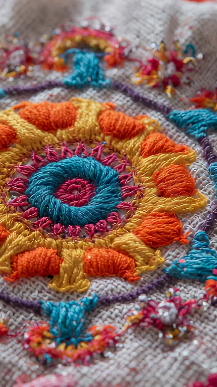 Vertical video: Panning camera moving down revealing sewn circular motif at craft desk with beads