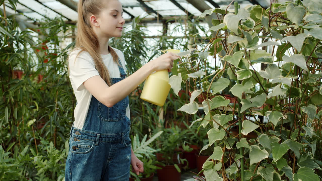 Girl watering plants in a greenhouse