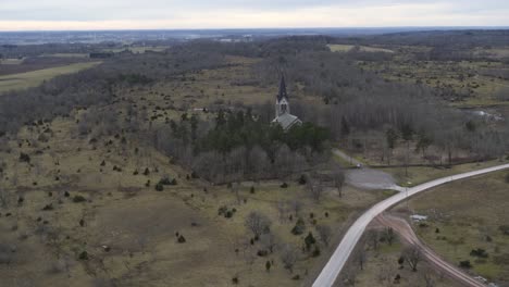 aerial view drone flight over church in kinnekulle sweden