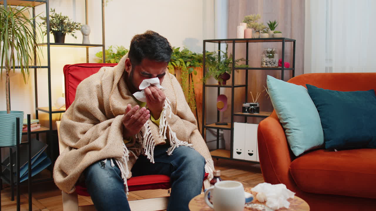 Sick ill indian man suffering from cold or allergy sits on home chair sneezes wipes snot into napkin