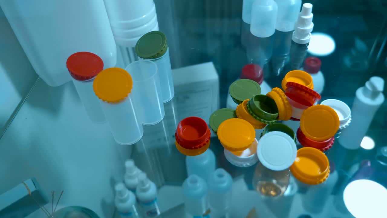 filas de diferentes tarros de plástico nuevos, botellas, viales y tapas de colores para médicos