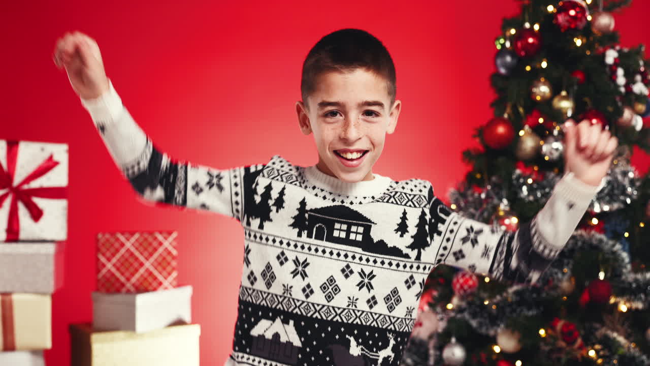 Boy Celebrating Christmas with Gifts and Tree