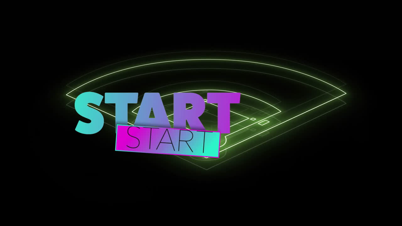 Colorful START text animation over neon green stadium outline on black background