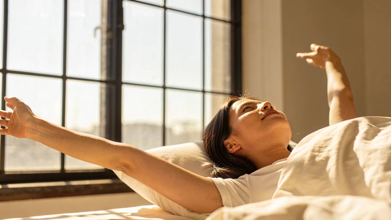 Donna che si stira, indossando una maglietta bianca, che alza le braccia mentre la luce del sole la sveglia a letto vicino alla finestra.