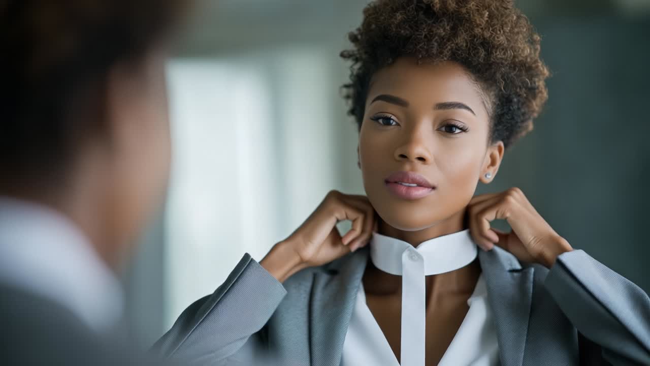 A confident woman in professional attire adjusts her collar while gazing at her reflection in the mirror, embodying self-assurance and poise as she prepares for a successful day ahead
