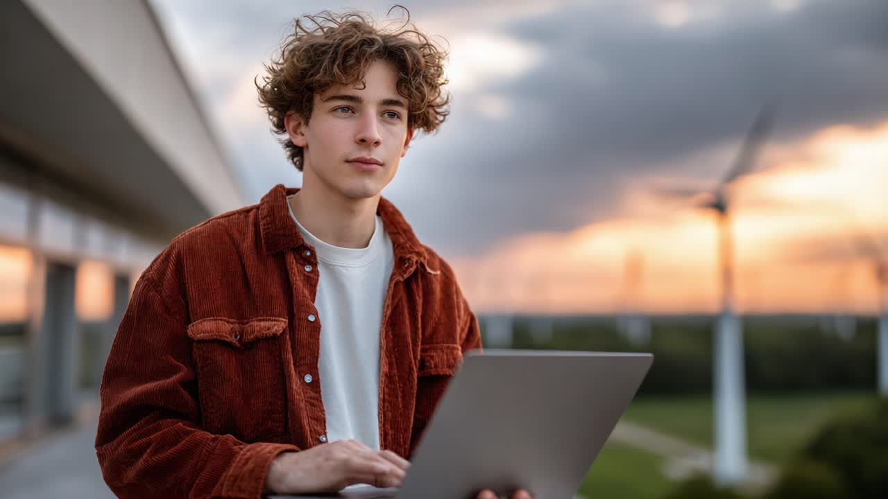 Giovane che lavora al portatile all'aperto al tramonto tra le turbine eoliche, combinando tecnologia e natura per un futuro sostenibile