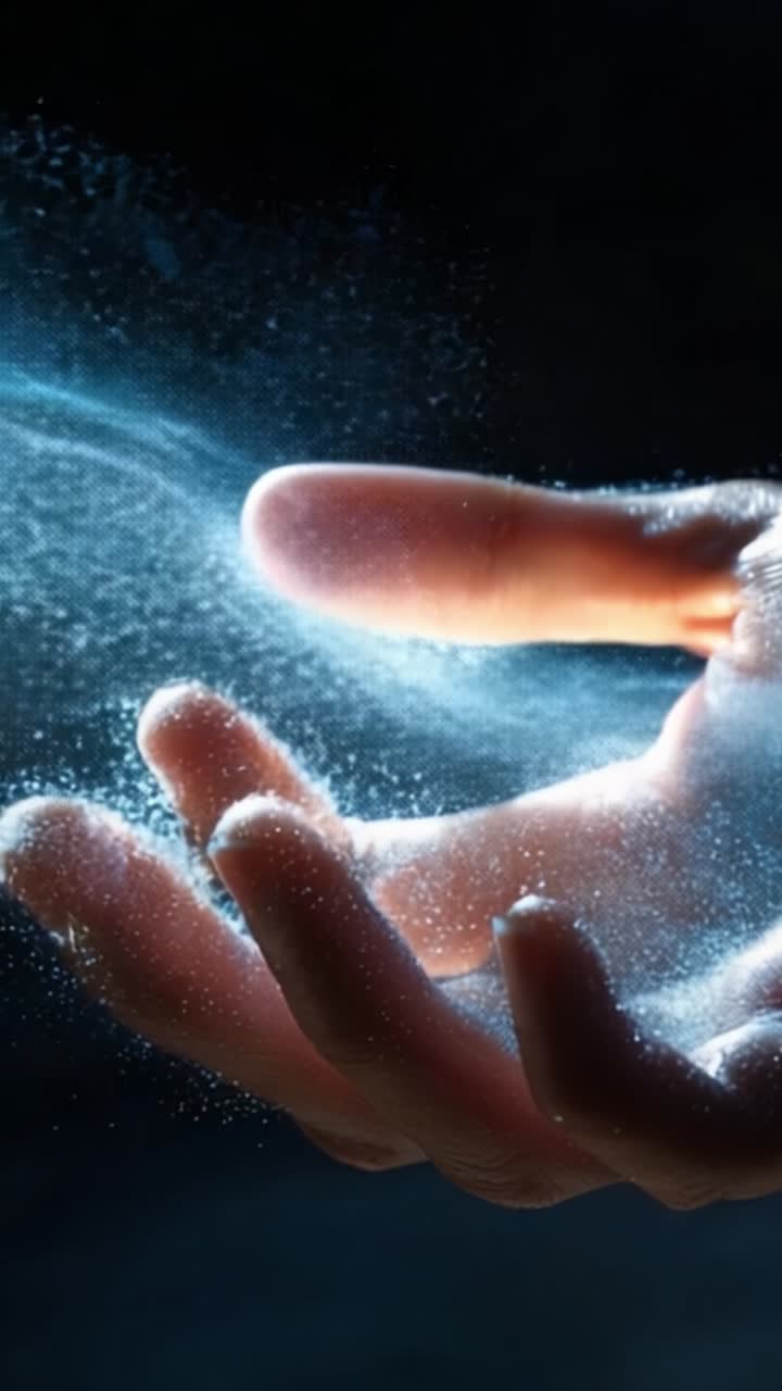 A captivating visual sequence displaying a hand gracefully manipulating shimmering particles, creating a stunning ethereal effect against a dark background