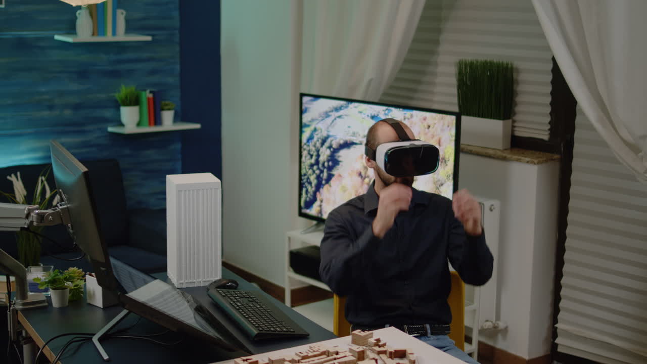 Man architect working with vr glasses on building plan