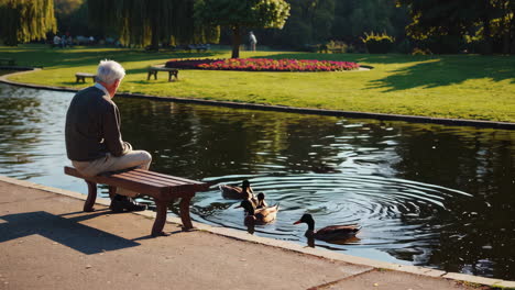 senior man relaxing by pond in park