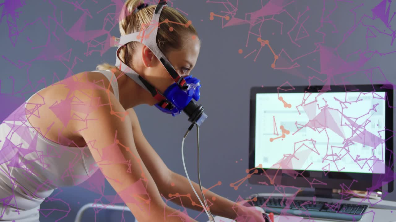 Woman cycling on bike, mask being secured and starting PC logging fitness, pink overlay showing