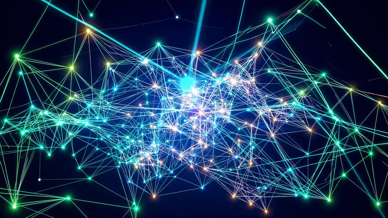 Dynamic low-angle video of glowing neon lines and nodes forming a complex network on a dark