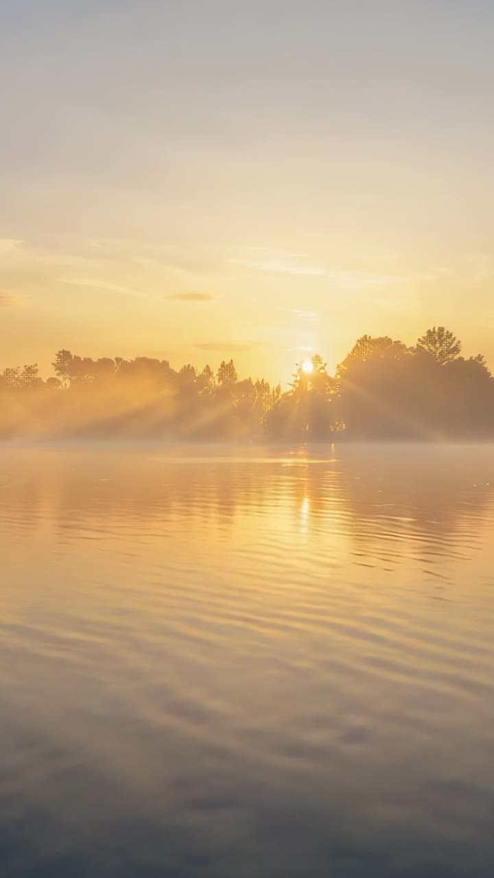 Vertical video: Rising sun sending sunbeams at lakeshore, lifting mist and rippling reflection