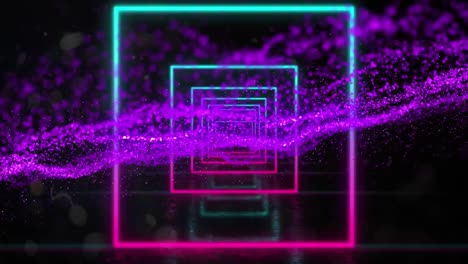 Animation-of-neon-squares-and-glitter-on-black-background