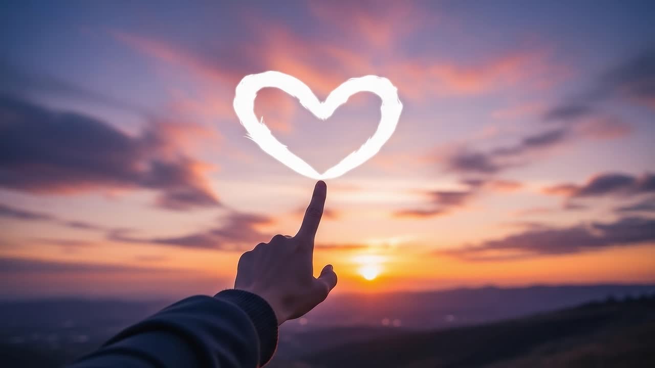 A Hand Reaches Out to Create a Heart Shape in the Sky Against a Stunning Sunset, Symbolizing Love and Connection with Nature
