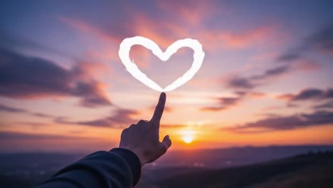 a hand reaches out to create a heart shape in the sky against a stunning sunset, symbolizing love and connection with nature