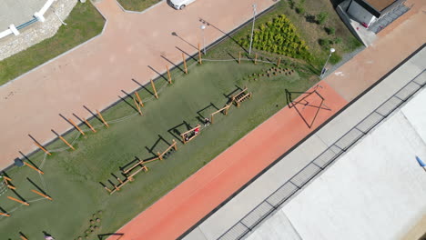 aerial view of an outdoor obstacle course and fitness park