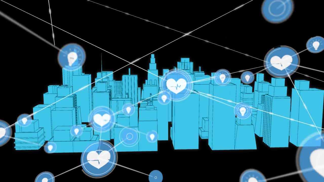 검은 바탕에 회전하는 3d 도시 그림 위에 아이콘으로 연결된 네트워크의 애니메이션