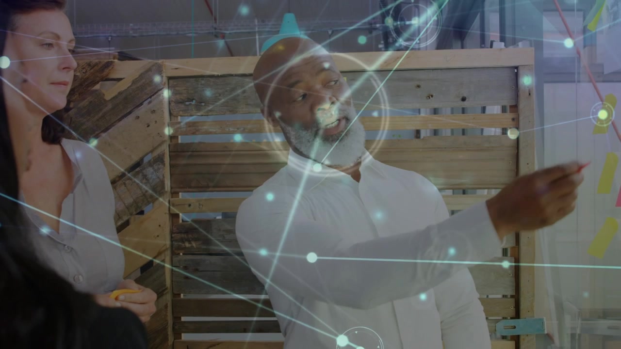 Animation of network of connections over financial data over diverse schoolchildren in warehouse