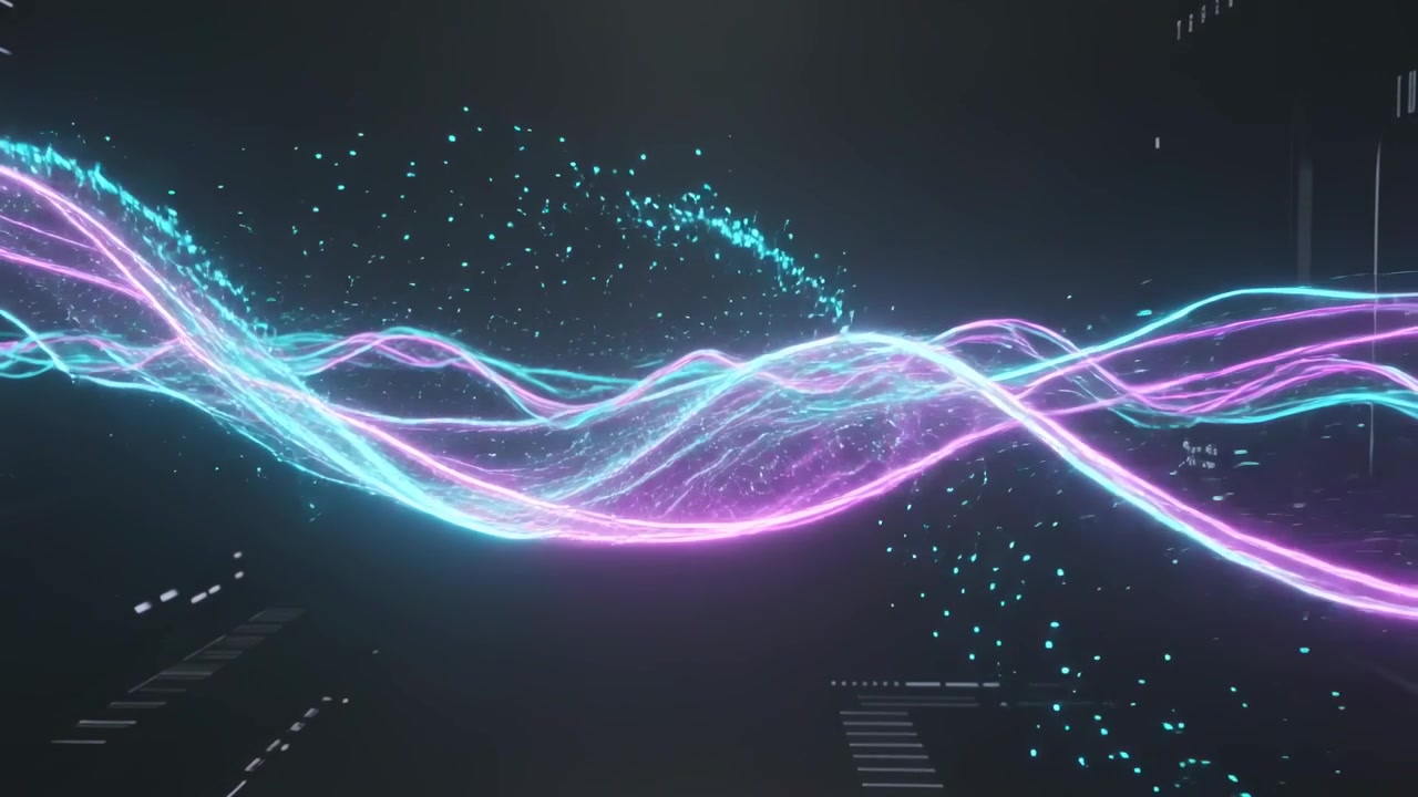 Moving cyan and magenta ribbons waving, weaving on tech set, emitting particle trails showing data