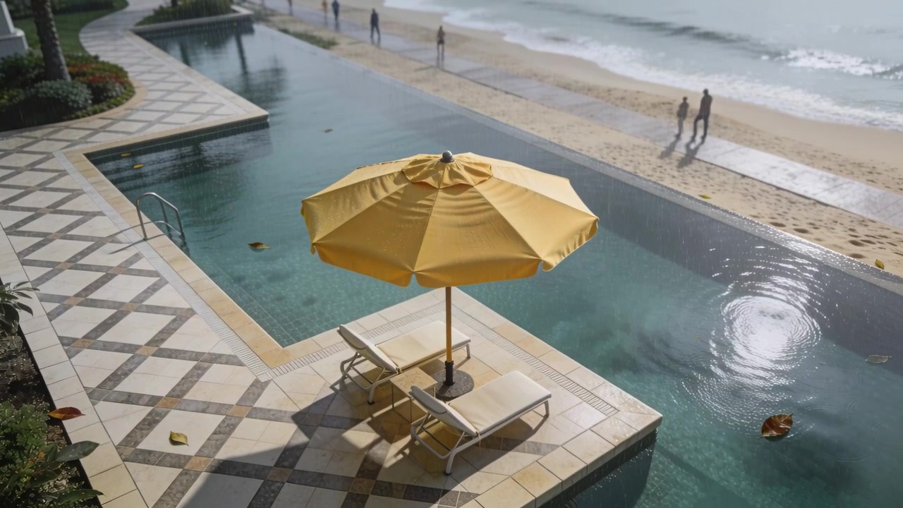 Drone filming to capture yellow umbrella shading two loungers on tiled deck, beach walkers passing