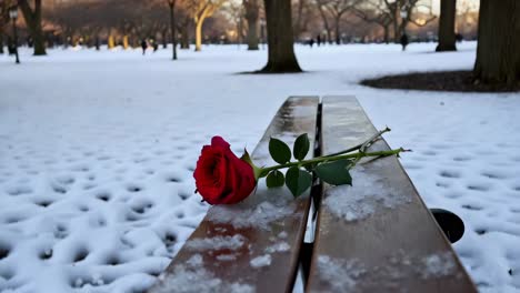 red rose on a snowy park bench