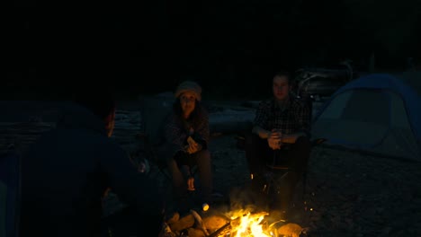 group of hikers roasting marshmallows near campfire 4k