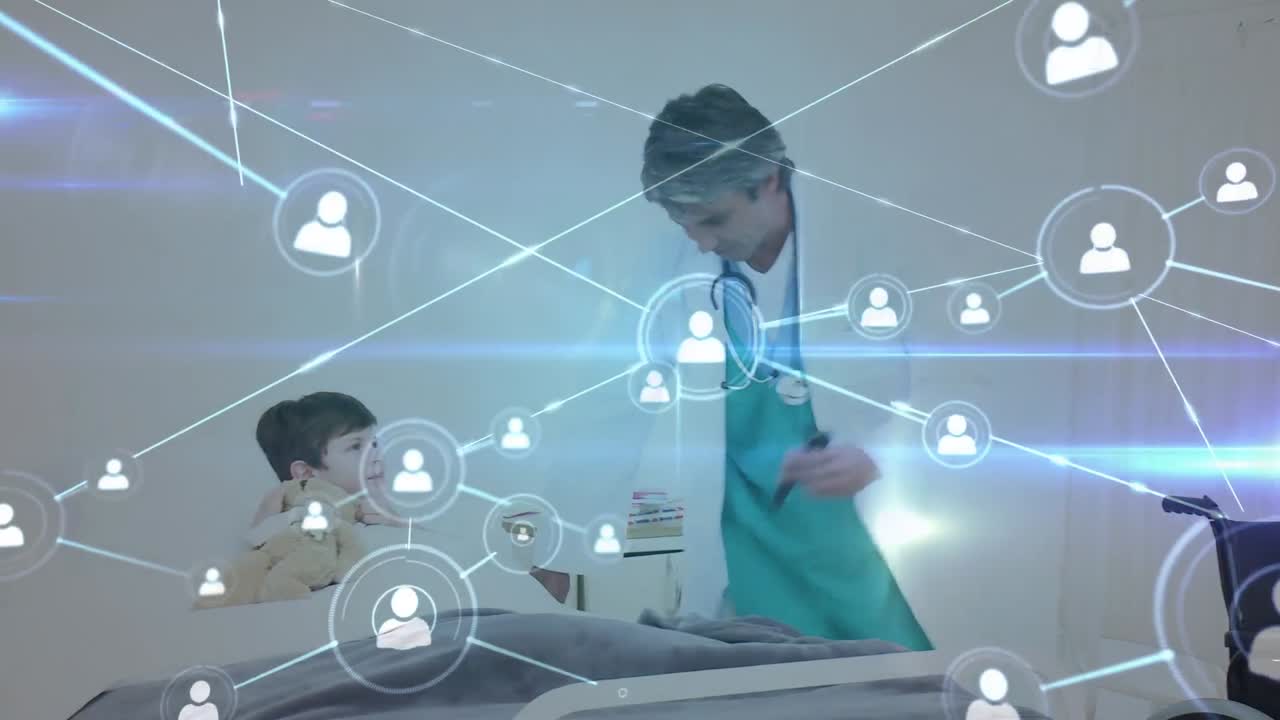 백인 남성 의사와 소년 환자에 대한 데이터를 교환하는 사람들의 네트워크 아이콘의 애니메이션