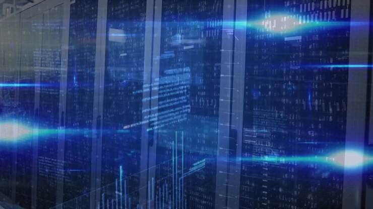 Animation of network of icons and connections, data processing and digital information in a server r