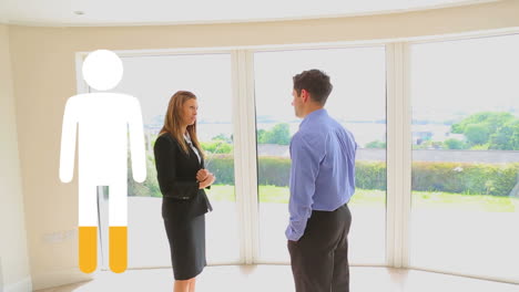animation von ikonen von menschen, die sich mit gelb über mann und weiblichen immobilienmakler im haus füllen