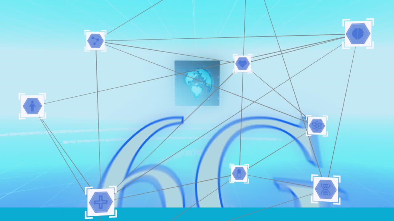 Animation of 6g text with network of connections, information and globe moving on blue background