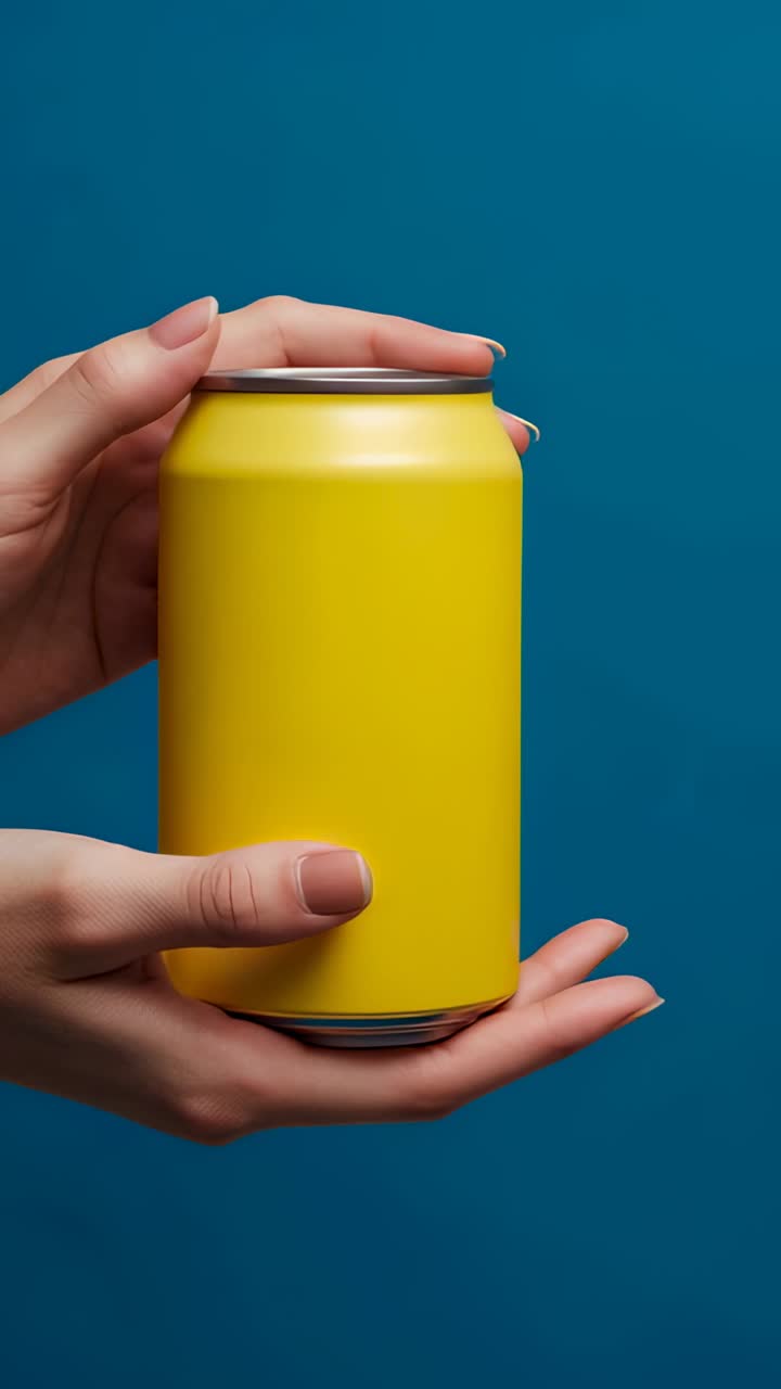 Vertical video: At clip start female hands bringing yellow aluminum can holding upright in studio