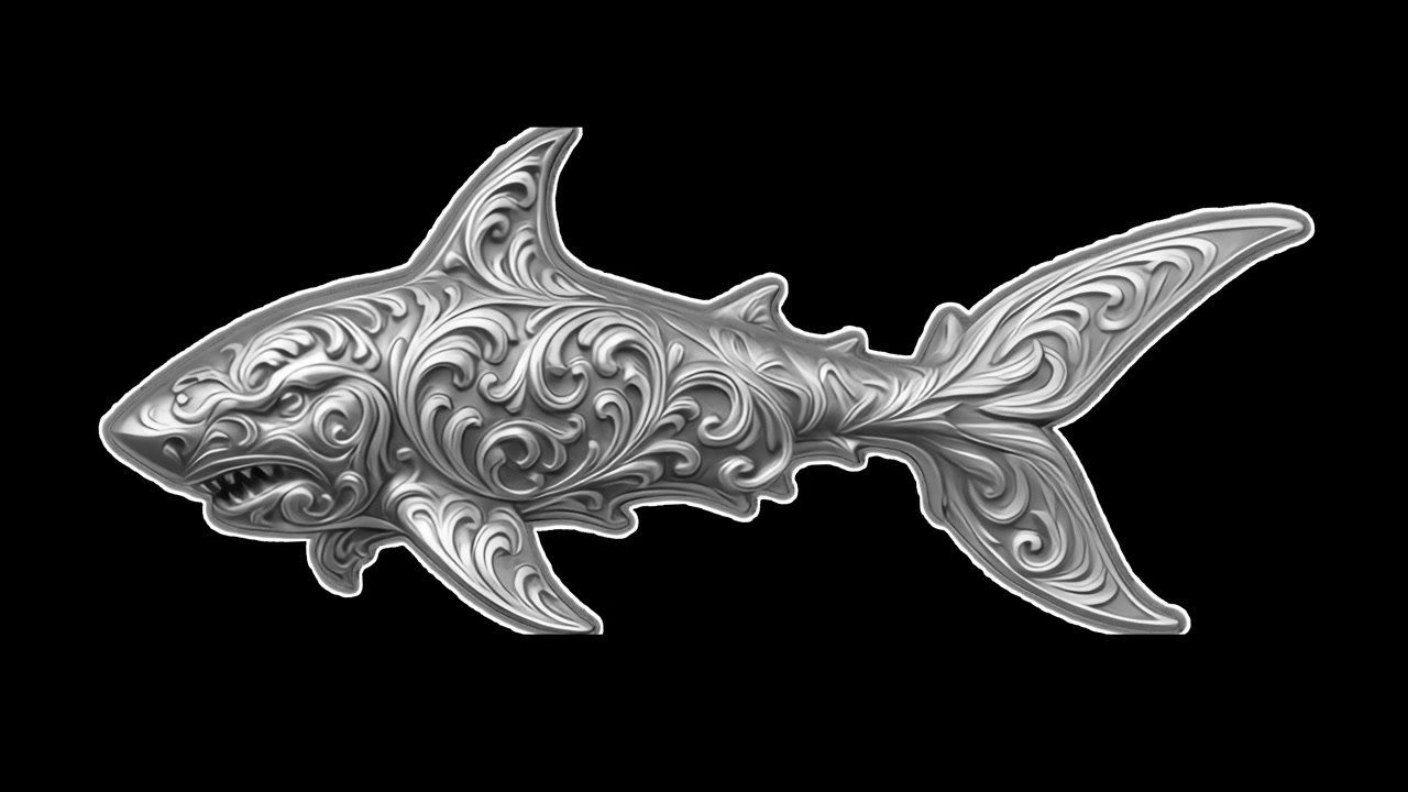 Animated Silver Shark Sculpture with Ornate Filigree Patterns