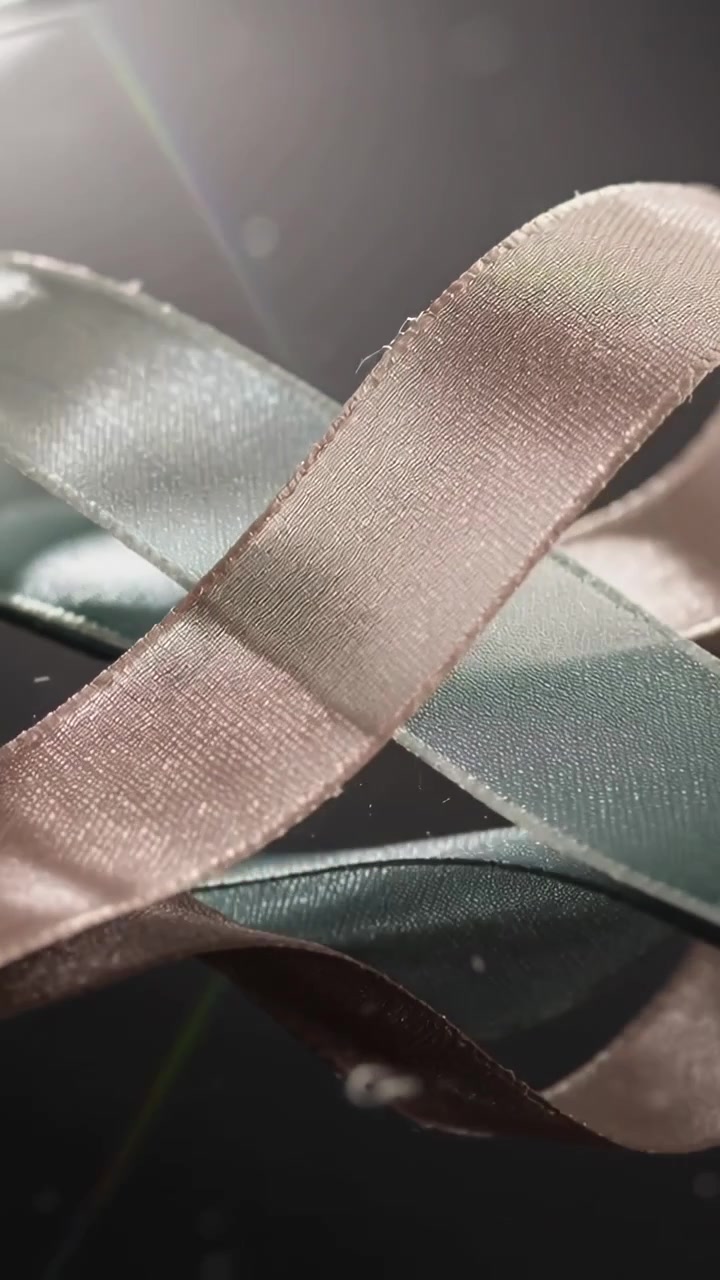 Vertical video: Panning camera, light flaring, pink mint ribbons crossing black table showing weave