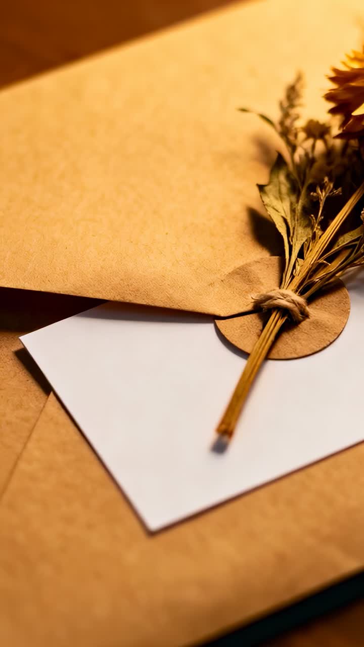 Video verticale: camera che riprende buste kraft che mostrano un biglietto bianco su una scrivania, sigillo kraft, bouquet essiccato