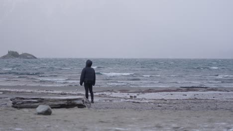 reflective travel scene with person alone on beach, wrapped in winter clothing, bariloche, argentina