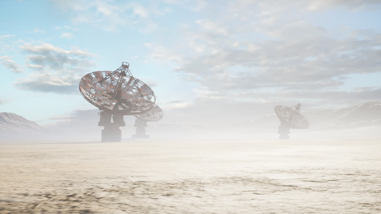 Morning mist cloaks vast satellite arrays amid arid surroundings