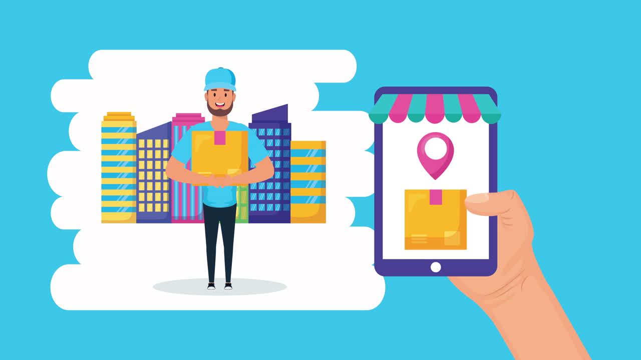 trabajador de servicios logísticos que levanta cajas y utiliza un teléfono inteligente