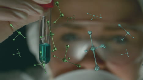 scientist examining test tube with molecular structure animation over scene