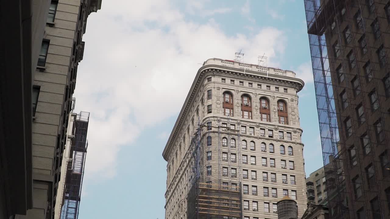 Old Vintage Buildings Under Summer Sky. Manhattan, New York USA, Slow Motion