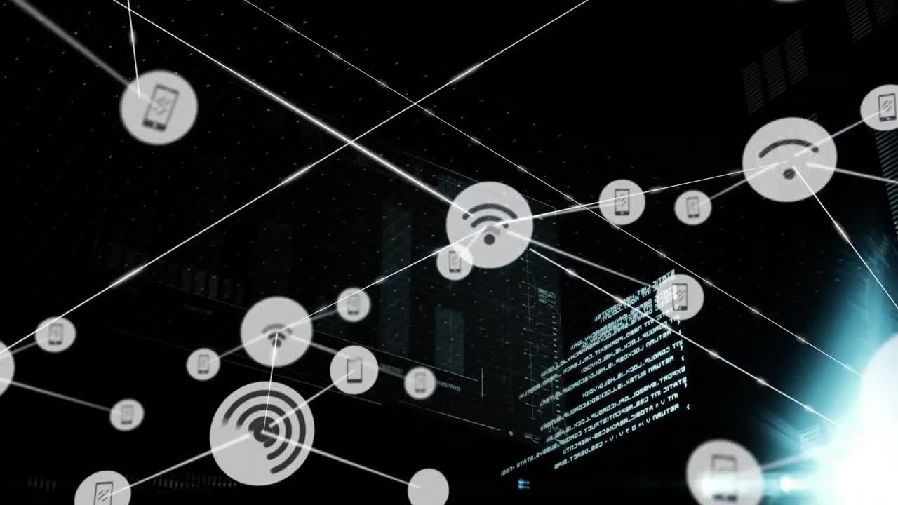 Connectors moving and digital data on black background