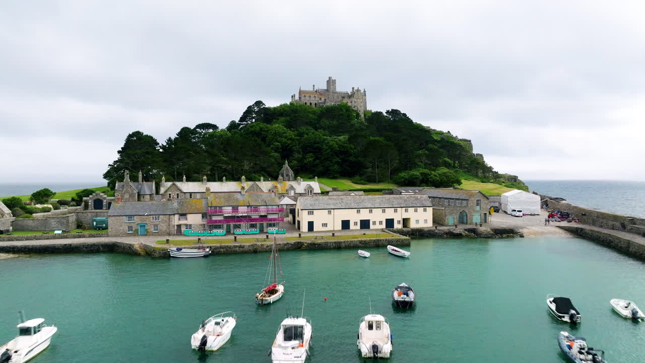 Boats In The St. Michael's Port With Medieval Castle In Cornwall, England, UK. - aerial shot
