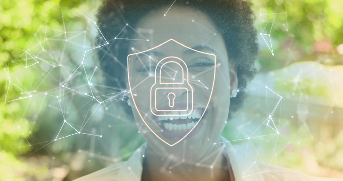Glowing network fading in around woman, drawing shield then unlocking padlock for secure tech demo