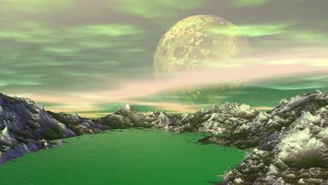 planeta alienígena. montaña y agua. animación. panorama. 4k