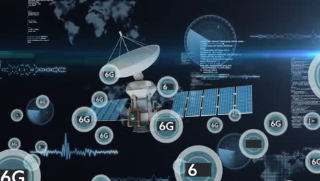 animation of network of 6g text over satellite and data processing