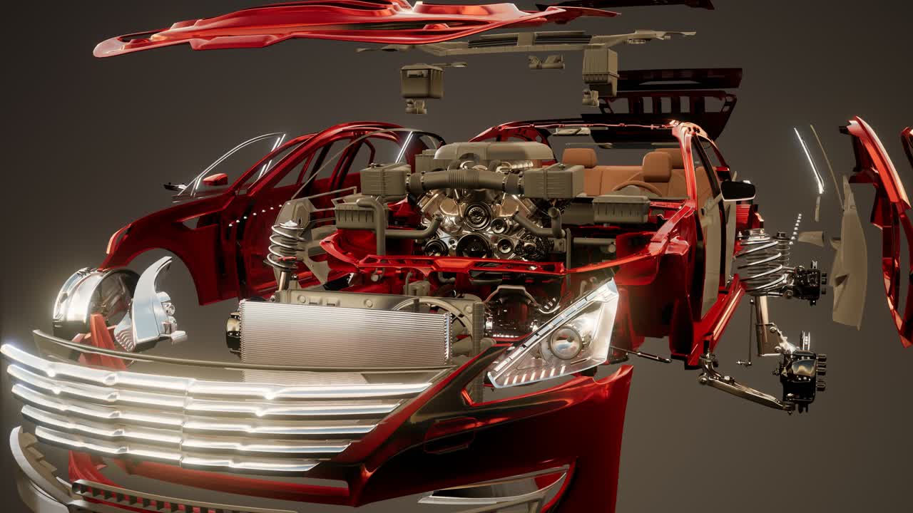 눈에 띄는 부분이 있는 분해된 자동차