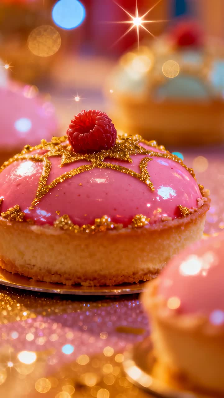 Dikey video: Kamera yaklaşıyor, ahududu ile parlayan pembe tart, promosyon için pırıltılı altın detaylar