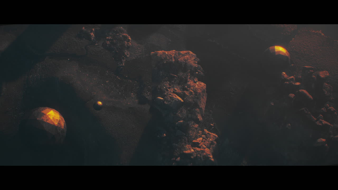 Alien planet desert landscape during sunset with strange sphere-shaped buildings