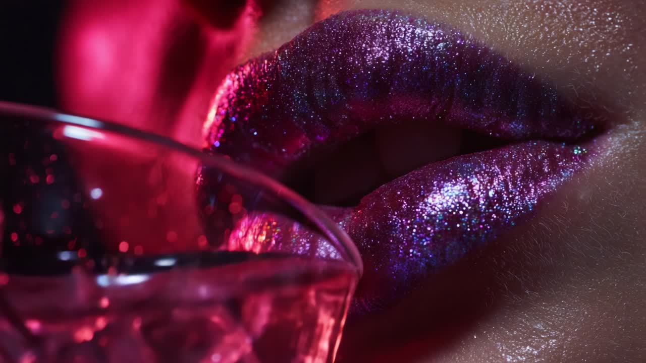 Un ipnotico primo piano di labbra scintillanti in una splendida luce lucida: esplorare la bellezza del trucco labbra scintillante con una bevanda frizzante che esalta le vibrazioni glamour, perfetto per la moda e la fotografia cosmopolita