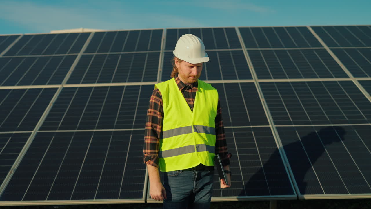 Engineer in front of solar panels