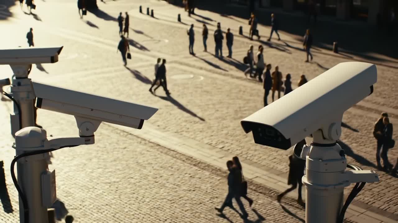 Surveillance Cameras Overlook Busy Urban Square, Capturing Daily Life and Movement of Pedestrians as Shadows Stretch on Pavement in the Evening Sunlight